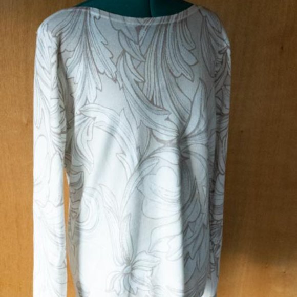 Chico's Cream w Tan Foliage Scoop Neck Woven Long Sleeve Tee womens 1 (M) - Picture 6 of 13